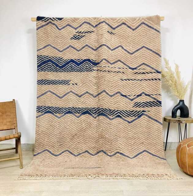 Beige Moroccan Rug With Blue Zigzag Pattern, Handmade Berber Shag Rug, Tribal Style Carpet, Large Living Room - image 1