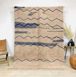 Beige Moroccan Rug With Blue Zigzag Pattern, Handmade Berber Shag Rug, Tribal Style Carpet, Large Living Room - thumbnail 1