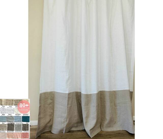 Natural Linen Color Block Shower Curtain - Mildew-Free, Custom Extra Long, Bathroom Decor, 40+ Fabric, Solid, Striped - image 1