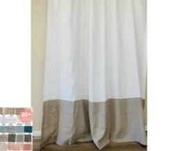 Natural Linen Color Block Shower Curtain - Mildew-Free, Custom Extra Long, Bathroom Decor, 40+ Fabric, Solid, Striped - thumbnail 1