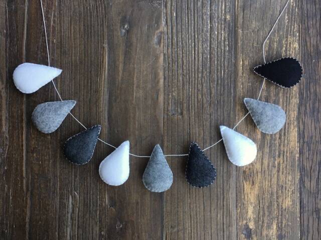 Monochrome Wool Felt Raindrop Garland, Scandi Baby Nursery Decor - image 1