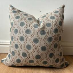 Hand Block Printed Pillow Cover - Designer-Inspired Floral Linen Soft Blue Cognac Neutral Earth Tones Boho Modern Decor Euro Sham - thumbnail 3