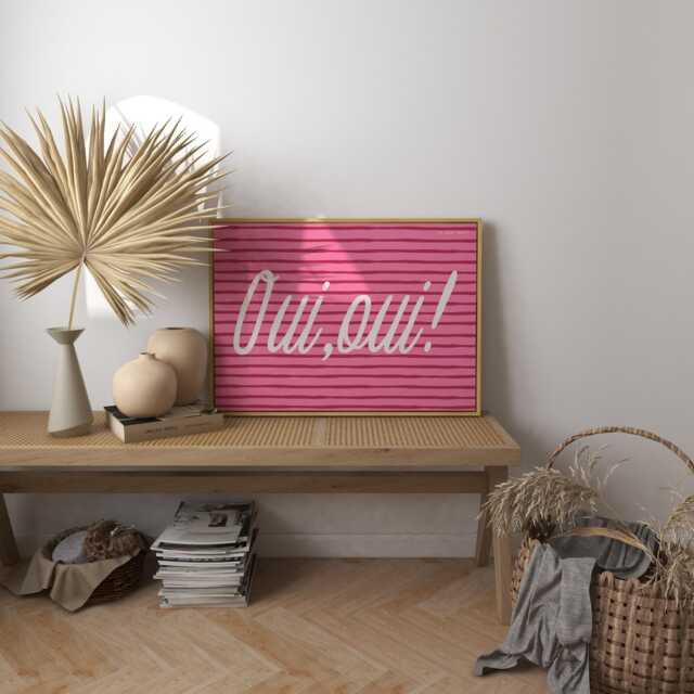Oui French Art Print, Retro Kitchen Typography, Pink Wall Decor - image 1
