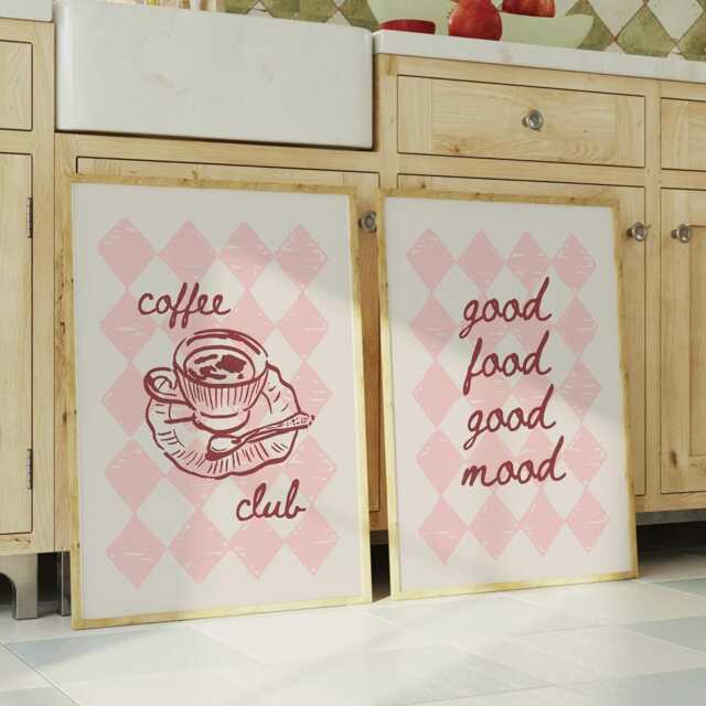 Pink & Red Checkered Kitchen Prints Coffee Club, Good Food Mood - image 1