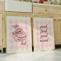 Pink & Red Checkered Kitchen Prints Coffee Club, Good Food Mood - thumbnail 1