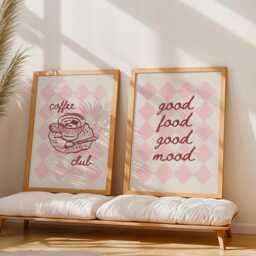 Pink & Red Checkered Kitchen Prints Coffee Club, Good Food Mood - thumbnail 2