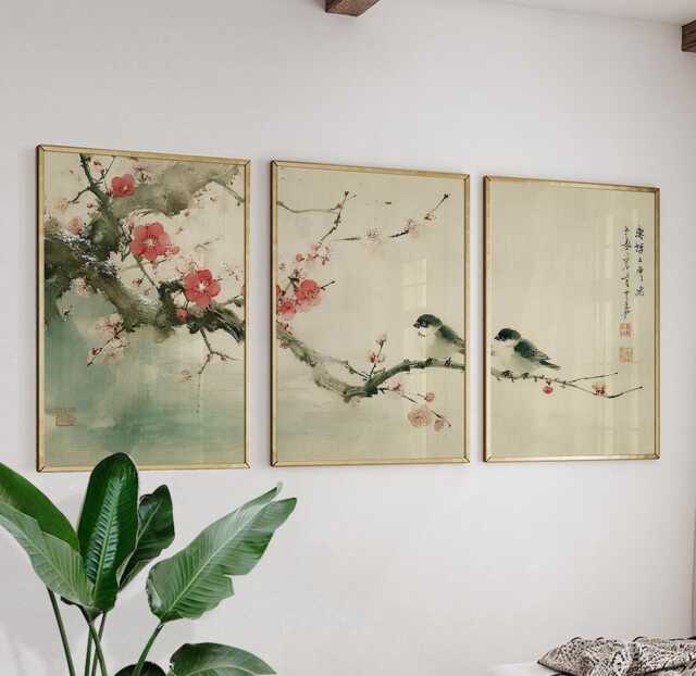 Plum Blossom Sparrows Prints Set Of 3, Japanese Ink Wash Wall Art Triptych Posters - image 1