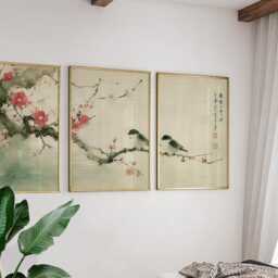 Plum Blossom Sparrows Prints Set Of 3, Japanese Ink Wash Wall Art Triptych Posters - thumbnail 2