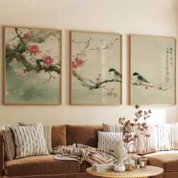 Plum Blossom Sparrows Prints Set Of 3, Japanese Ink Wash Wall Art Triptych Posters - thumbnail 3