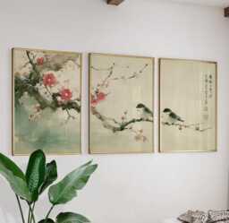 Plum Blossom Sparrows Prints Set Of 3, Japanese Ink Wash Wall Art Triptych Posters - thumbnail 1