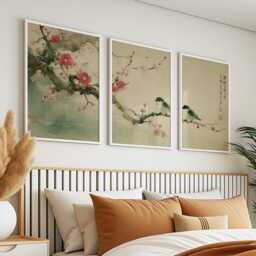 Plum Blossom Sparrows Prints Set Of 3, Japanese Ink Wash Wall Art Triptych Posters - thumbnail 4