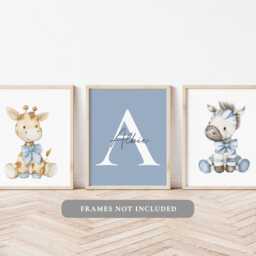 Blue Animal Nursery Prints Safari Decor, Set Of 3, Personalised - thumbnail 2