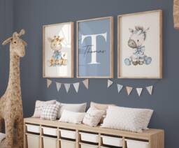 Blue Animal Nursery Prints Safari Decor, Set Of 3, Personalised - thumbnail 1