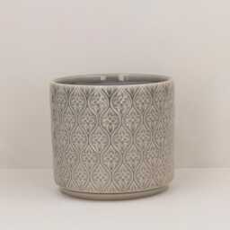 Grey Trellis Plant Pot - Geometric Pattern Ceramic Planter Home Decor Stoneware Cover - thumbnail 2