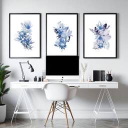 Home Office Decor For Women Framed 3 Piece Wall Art Print Set, Blue Watercolor Greenery Designer Wall Art Professional - thumbnail 1