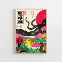 Japanese Octopus Poster - Red Black Ukiyo-E Style Wall Art Vintage Sea Creature Illustration - thumbnail 2