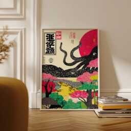 Japanese Octopus Poster - Red Black Ukiyo-E Style Wall Art Vintage Sea Creature Illustration - thumbnail 3