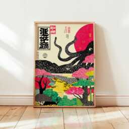 Japanese Octopus Poster - Red Black Ukiyo-E Style Wall Art Vintage Sea Creature Illustration - thumbnail 1