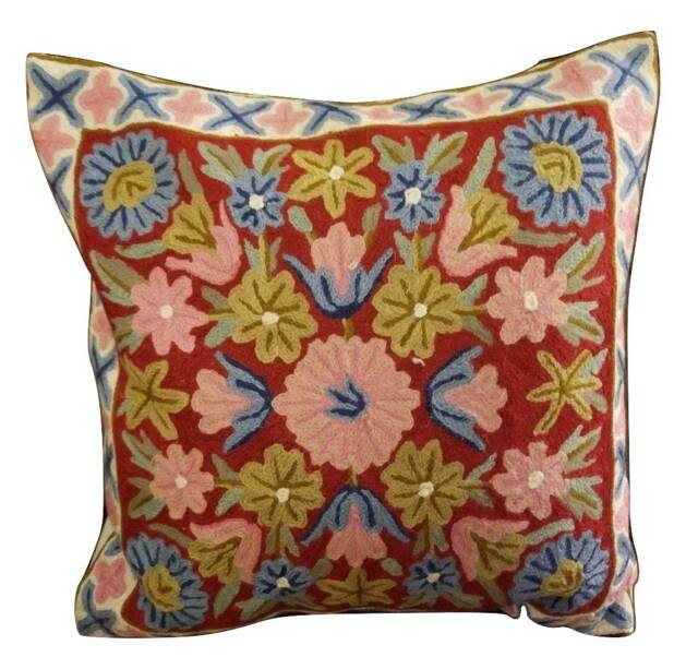 "Hand Embroidered Floral Wool Cushion Cover - 16""x16" - image 1