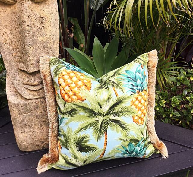 Luau Outdoor Cushion Cover, Tropical Palm & Pineapple Print - image 1