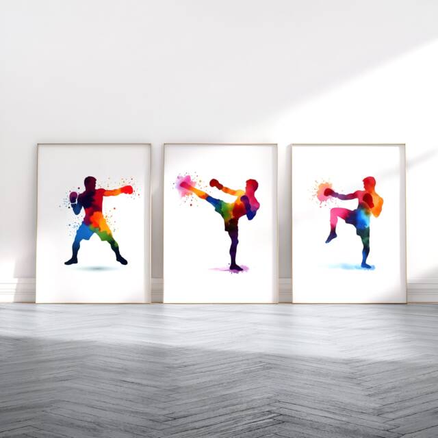 Kickboxing Poster Set - 3 Prints - Mens Boxing Artwork Boy Sport Wall Art Gym Decor Instructor Teacher Gift Watercolour - image 1