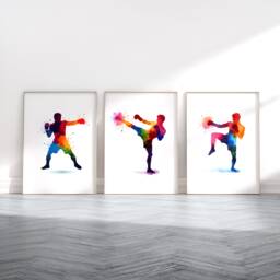 Kickboxing Poster Set - 3 Prints - Mens Boxing Artwork Boy Sport Wall Art Gym Decor Instructor Teacher Gift Watercolour - thumbnail 1