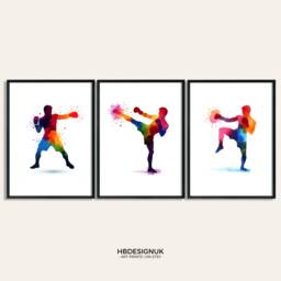 Kickboxing Poster Set - 3 Prints - Mens Boxing Artwork Boy Sport Wall Art Gym Decor Instructor Teacher Gift Watercolour - thumbnail 2