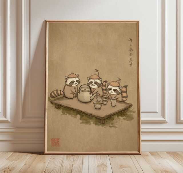 Tanuki Tea Party Wall Art, Japanese Folk Illustration, Whimsical Raccoon Print, Warm Minimalist Poster, Cozy Zen Home Decor Artwork - image 1