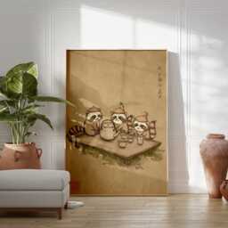 Tanuki Tea Party Wall Art, Japanese Folk Illustration, Whimsical Raccoon Print, Warm Minimalist Poster, Cozy Zen Home Decor Artwork - thumbnail 3