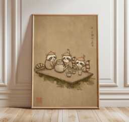 Tanuki Tea Party Wall Art, Japanese Folk Illustration, Whimsical Raccoon Print, Warm Minimalist Poster, Cozy Zen Home Decor Artwork - thumbnail 1