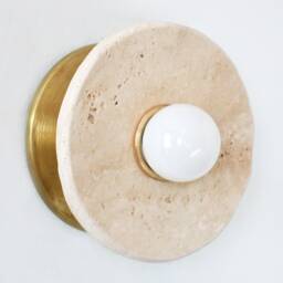 Travertine Stone & Brass Round Minimalist Fixture Light Bathroom Wall Kitchen Sconce Entryway - thumbnail 4