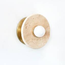 Travertine Stone & Brass Round Minimalist Fixture Light Bathroom Wall Kitchen Sconce Entryway - thumbnail 2