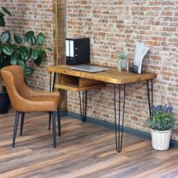 Firsby Live Edge Desk With Shelf Industrial Metal Legs 40mm Thick Rustic Wood - thumbnail 3
