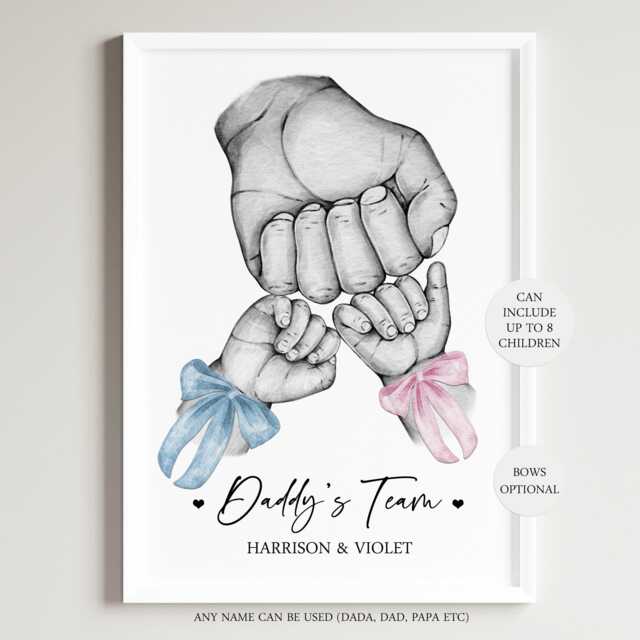 Personalised Family Daddy's Team Print Fist Hands Up To 5 Children Only Unframed Boy Girl Bow Blue Pink Father's Day Present Gift Dad - image 1