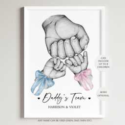 Personalised Family Daddy's Team Print Fist Hands Up To 5 Children Only Unframed Boy Girl Bow Blue Pink Father's Day Present Gift Dad - thumbnail 1