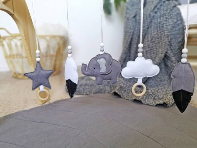 Set Of Baby Gym Toys, Elephant & Cloud Felt Hanging Monochrome Nursery Decor - image 1