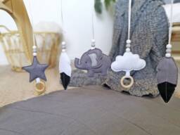 Set Of Baby Gym Toys, Elephant & Cloud Felt Hanging Monochrome Nursery Decor