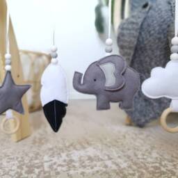 Set Of Baby Gym Toys, Elephant & Cloud Felt Hanging Monochrome Nursery Decor - thumbnail 2