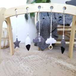 Set Of Baby Gym Toys, Elephant & Cloud Felt Hanging Monochrome Nursery Decor - thumbnail 3