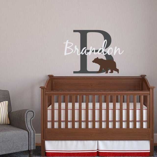 Bear Nursery Wall Decal Personalized Name Monogram, Woodland Decor Ww258 - image 1