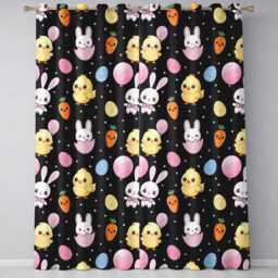 Cute Easter Bunny Chick Carrot Egg Black Background Seamless Pattern Readymade Eyelet Ring Top Thermal 100% Blackout Curtains - thumbnail 2