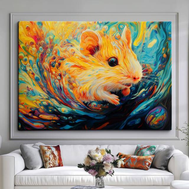 Abstract Hamsters Oil Painting Framed Poster Print, Canvas Wall Decor Art Bedroom Kitchen Room Dog Gift Idea Pet Gifts - image 1