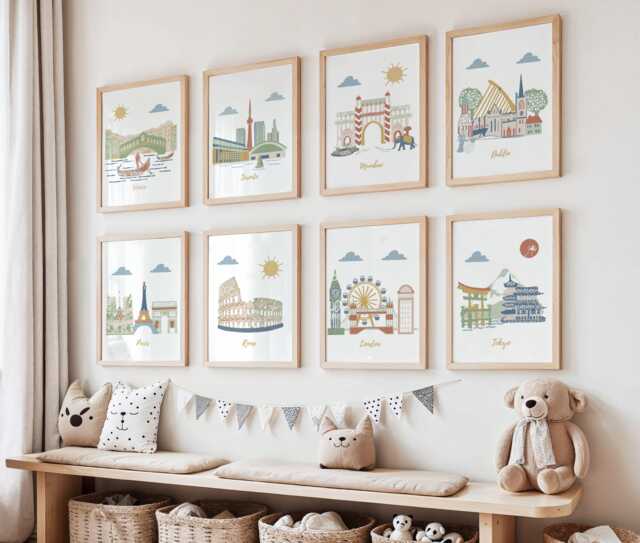 Set Of 8 Posters For Nursery, Customizable Cities & Colors, Neutral Gender Art - image 1