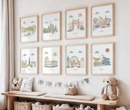 Set Of 8 Posters For Nursery, Customizable Cities & Colors, Neutral Gender Art - thumbnail 1