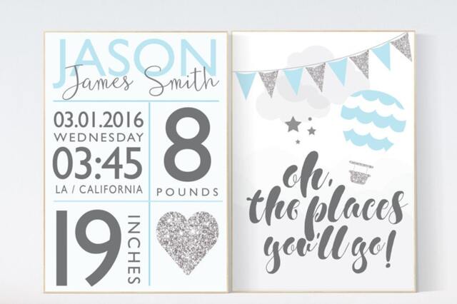 Birth Stats Wall Art Blue Silver Hot Air Balloon Nursery Print - image 1