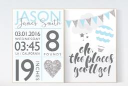 Birth Stats Wall Art Blue Silver Hot Air Balloon Nursery Print - thumbnail 1