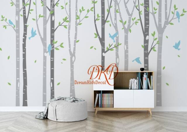 Nursery Wall Decals, Set Tree Sticker, Living Room Decor, Home Wall Art-Birch Forest With Birds-Dk071 - image 1
