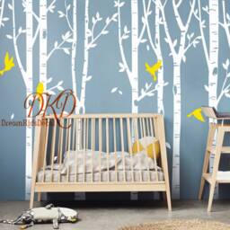 Nursery Wall Decals, Set Tree Sticker, Living Room Decor, Home Wall Art-Birch Forest With Birds-Dk071 - thumbnail 2