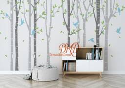 Nursery Wall Decals, Set Tree Sticker, Living Room Decor, Home Wall Art-Birch Forest With Birds-Dk071 - thumbnail 1