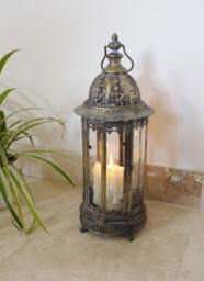Rustic Gold Moroccan Candle Lantern - Antique Style Metal & Glass - thumbnail 2